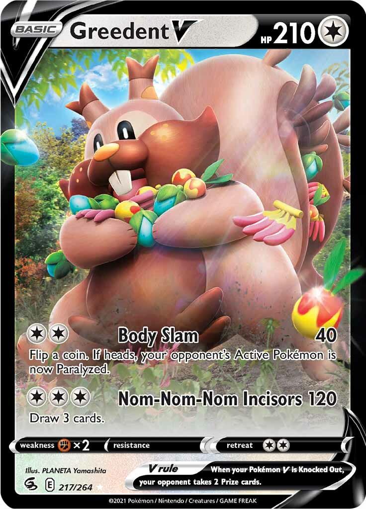 The image is a Pokémon trading card featuring Greedent V (217/264) [Sword & Shield: Fusion Strike] from the Sword & Shield series. The card shows a chunky, squirrel-like Pokémon with a fluffy tail and cheeks filled with berries. It has 210 HP. The attacks listed are 