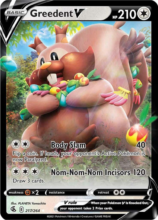 The image is a Pokémon trading card featuring Greedent V (217/264) [Sword & Shield: Fusion Strike] from the Sword & Shield series. The card shows a chunky, squirrel-like Pokémon with a fluffy tail and cheeks filled with berries. It has 210 HP. The attacks listed are "Body Slam" and "Nom-Nom-Nom Incisors." The Ultra Rare card is illustrated by PLANETA Yamashita and numbered 217/264.