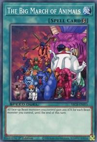 A Yu-Gi-Oh! trading card titled "The Big March of Animals [SBCB-EN055] Common." The image features a variety of colorful, animated animals including a bear, gorilla, lion, and rabbit, among others, standing together. This Quick-Play Spell Card boosts the ATK of all Beast monsters the player controls.