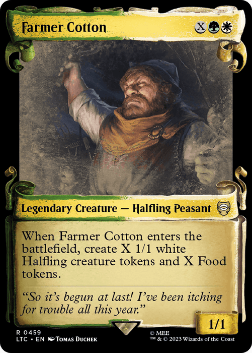 A Magic: The Gathering card titled "Farmer Cotton [The Lord of the Rings: Tales of Middle-Earth Commander Showcase Scrolls]." It depicts a bearded, elderly Halfling peasant in a tunic and scarf, with a stance of determination. The Legendary Creature card features green, white, and black mana symbols, and a 1/1 power/toughness. The card text describes summoning Halfling and Food tokens.