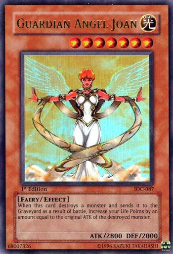 Image of Yu-Gi-Oh! card titled "Guardian Angel Joan [IOC-087] Ultra Rare." The Ultra Rare card from the Invasion of Chaos set features an angelic figure with red hair, white robes, and golden shoulder armor. Stats (ATK/2800 DEF/2000), card number (IOC-087), and effect text are visible. Attributes include Fairy/Effect and LIGHT.