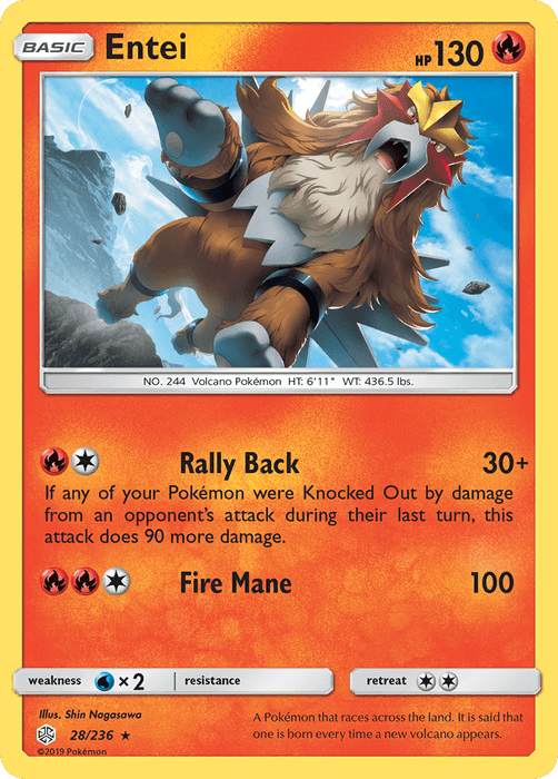A rare Pokémon trading card featuring Entei, a volcano Pokémon from the Sun & Moon: Cosmic Eclipse series. The card showcases Entei, a large, lion-like creature with a fiery red forehead, gray mane, and golden mask-like face. With 130 HP and moves like Rally Back and Fire Mane, the background is ablaze with orange fire and volcanic themes. This is the Entei (28/236) [Sun & Moon: Cosmic Eclipse] by Pokémon.