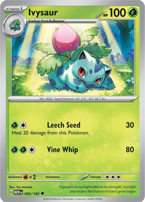 A Pokémon trading card features Ivysaur (002/165) [Scarlet & Violet: 151], a green, plant-like creature with a large pink bud on its back. As a Grass Type from the Scarlet & Violet series, it has blue-green leaves and a bulbous body with red eyes. The Uncommon Rarity card includes HP 100 and abilities like Leech Seed and Vine Whip. Illustrated by Yusuke Nishida.