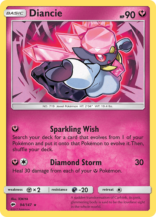 A Pokémon card from the Sun & Moon: Burning Shadows series features Diancie (94/147) [Sun & Moon: Burning Shadows], a jewel Pokémon with a dazzling pink jewel atop its head. This Holo Rare card has 90 HP and two attacks: "Sparkling Wish" and "Diamond Storm." The pink-bordered card showcases an illustration of Fairy-type Diancie in the center. Weakness, resistance, and retreat cost are listed below.
