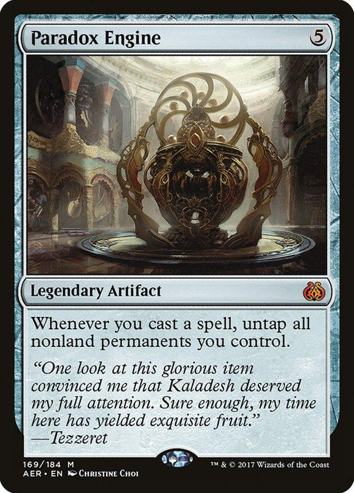 Paradox Engine [Aether Revolt] is a Mythic Magic: The Gathering card. It features a large, gold, intricate Legendary Artifact in a detailed room with high arches and complex machinery. Costing 5 colorless mana, its text reads: "Whenever you cast a spell, untap all nonland permanents you control." Flavor text by Tezzeret.