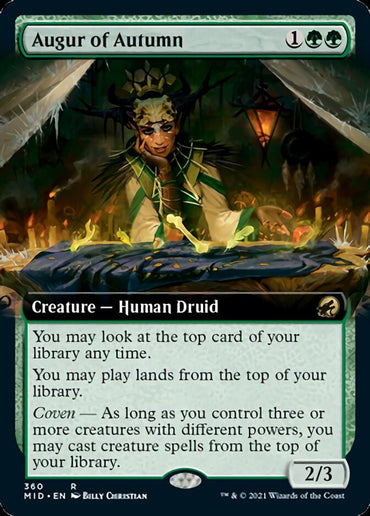 The Magic: The Gathering card "Augur of Autumn (Extended Art)" from Innistrad: Midnight Hunt features a Creature — Human Druid with leafy hair, tarot-like cards, a green border, and text detailing coven abilities. It has a mana cost of 1 colorless and 2 green.