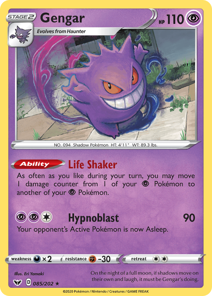 A Pokémon trading card featuring Gengar, a purple, ghost-like creature with red eyes and a wide grin. The Holo Rare card has a yellow border and displays Gengar's stats: 110 HP, Psychic type. It includes abilities: 