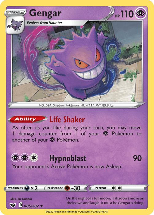 A Pokémon trading card featuring Gengar, a purple, ghost-like creature with red eyes and a wide grin. The Holo Rare card has a yellow border and displays Gengar's stats: 110 HP, Psychic type. It includes abilities: "Life Shaker" and "Hypnoblast." Part of the Sword & Shield series, it's numbered Gengar (085/202) [Sword & Shield: Base Set] and illustrated by Eri Yam from the Pokémon brand.