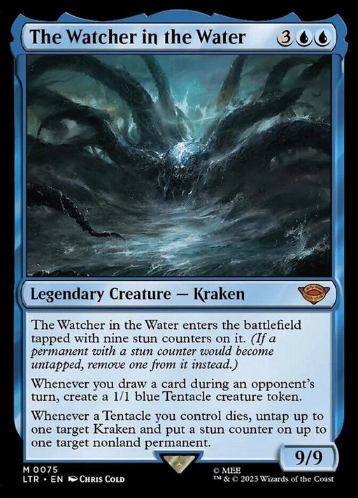 A Magic: The Gathering product titled "The Watcher in the Water [The Lord of the Rings: Tales of Middle-Earth]." This Mythic Rarity Legendary Creature — Kraken features a colossal beast emerging from dark, stormy waters with multiple writhing tentacles. A blue card from The Lord of the Rings: Tales of Middle-Earth set, it costs 3 colorless and 2 blue mana, boasts a 9/9 power.