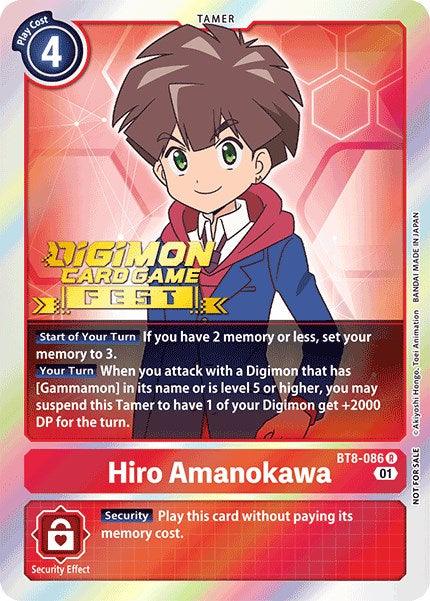 A Digimon card featuring "Hiro Amanokawa [BT8-086] (Digimon Card Game Fest 2022) [New Awakening Promos]." Hiro is depicted as a young boy with brown hair, wearing a blue jacket over a white shirt with a red tie. The card background is red with various text and game instructions in yellow and white, making it one of the eye-catching New Awakening Promos.