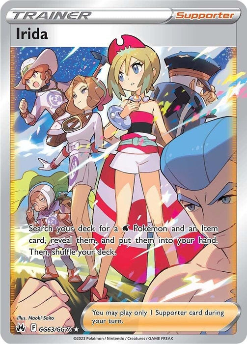 A Pokémon Trainer card titled "Irida (GG63/GG70) [Sword & Shield: Crown Zenith]" from the Pokémon brand's Crown Zenith series features a blonde, light-skinned female character named Irida in a white, red, and black outfit standing confidently. There are four other characters in the background. The card text instructs searching the deck for a Pokémon and Item card, revealing them, and shuffling the deck.