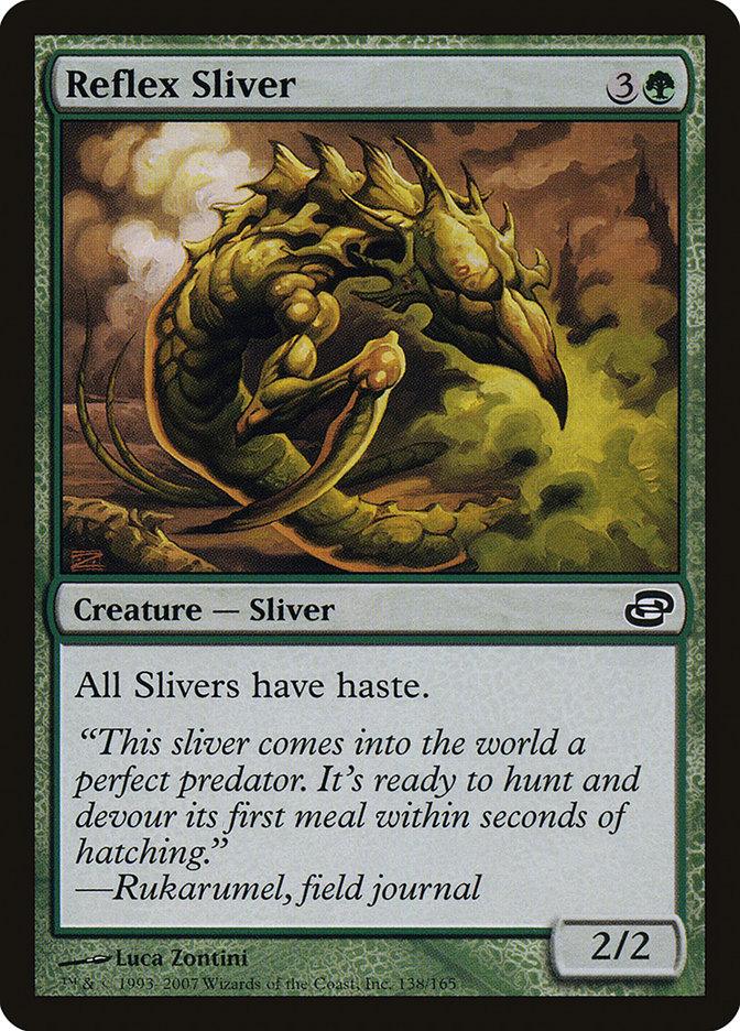 A Magic: The Gathering product titled Reflex Sliver [Planar Chaos]. It features a green, insect-like creature with sharp claws and an agile pose. The text reads: 