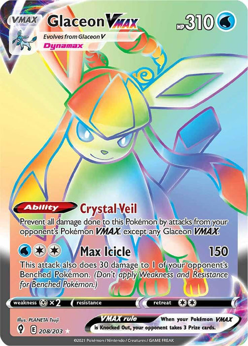 A Pokémon Glaceon VMAX (208/203) [Sword & Shield: Evolving Skies] card featuring 310 HP. The Water Type card has a colorful, holographic design with Glaceon in a dynamic pose. It includes abilities "Crystal Veil" and "Max Icicle," with detailed text about their effects. Part of the Sword & Shield: Evolving Skies set, it is vibrant and numbered 208/203.