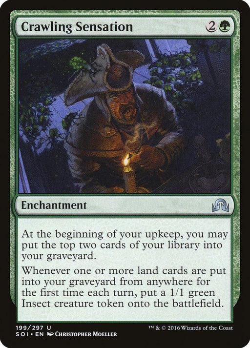 A Magic: The Gathering product titled "Crawling Sensation [Shadows over Innistrad]". This uncommon enchantment, bordered in green, costs 2 colorless and 1 green mana. The artwork shows a person in old-fashioned clothing, startled by insects emerging from the ground. Product text details its gameplay effects.
