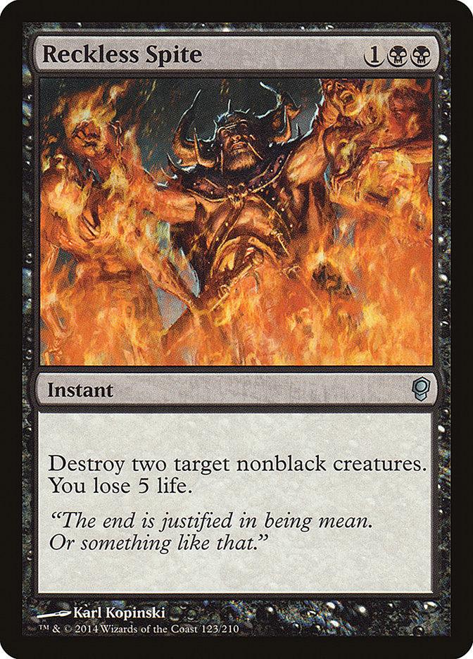 A "Reckless Spite [Conspiracy]" Magic: The Gathering card. The card features a black border and shows an enraged, armored figure engulfed in flames, wielding a weapon. The text reads: "Destroy two target nonblack creatures. You lose 5 life." This instant's flavor text says: "The end is justified in being mean. Or something like that.