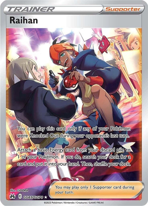A Pokémon trading card featuring the ultra rare character Raihan (GG65/GG70) [Sword & Shield: Crown Zenith]. The character has tan skin, orange hair, and wears a dark blue hoodie with a red and white Poké Ball logo. Raihan is surrounded by vibrant, colorful elements in action with Pokémon from the Sword & Shield: Crown Zenith series in the background. Text includes card rules and artist credits.
