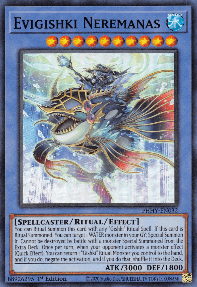 An "Evigishki Neremanas [PHHY-EN032] Super Rare" Yu-Gi-Oh! card from the Photon Hypernova set. It depicts a mystical, aquatic creature with a sea serpent appearance, adorned with elaborate armor and a trident. This Spellcaster/Ritual/Effect monster boasts 3000 ATK and 1800 DEF.