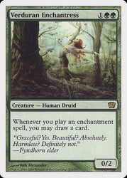 The "Verduran Enchantress [Ninth Edition]" card from Magic: The Gathering features a 0/2 Human Druid Creature that draws cards when you cast enchantment spells. It costs 1 green and 1 white mana.