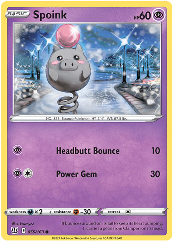 A Pokémon Spoink (055/163) [Sword & Shield: Battle Styles] card from Pokémon features a pink and gray Spoink bouncing on its tail with a pink pearl on its head. It showcases 