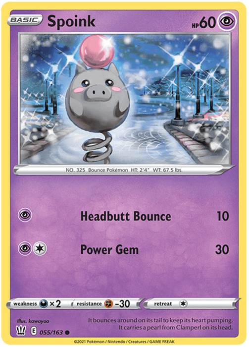 A Pokémon Spoink (055/163) [Sword & Shield: Battle Styles] card from Pokémon features a pink and gray Spoink bouncing on its tail with a pink pearl on its head. It showcases "Headbutt Bounce" and "Power Gem" moves, dealing 10 and 30 damage. Spoink's stats: 60 HP, weakness to Psychic, -30 resistance to Fighting, 1 retreat cost.