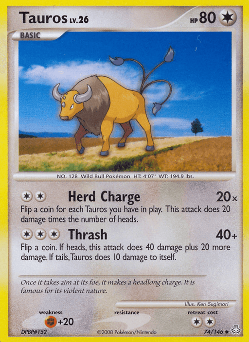 A Pokémon trading card from the Legends Awakened series, **Tauros (74/146) [Diamond & Pearl: Legends Awakened]**, featuring Tauros, a bull-like Pokémon. The card shows Tauros under a starry sky with mountains in the background. It has 80 HP and is a basic, Colorless Pokémon. It boasts two powerful attacks: Herd Charge and Thrash.