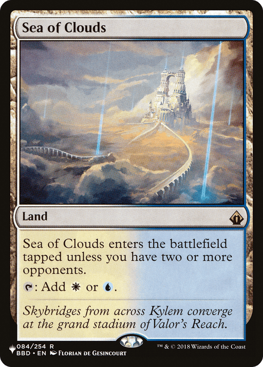 Magic: The Gathering card titled "Sea of Clouds [The List]." This Land card features an illustration of a majestic castle atop cliffs surrounded by clouds, with bridges connecting the cliffs. It provides white or blue mana, and the card text discusses its battlefield entry conditions.