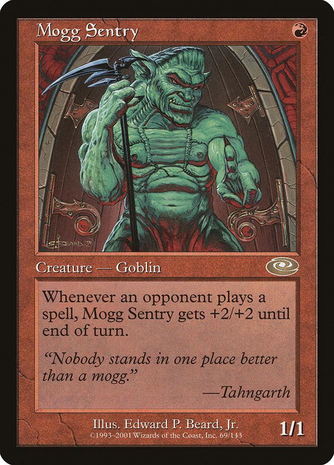 A "Magic: The Gathering" product titled "Mogg Sentry [Planeshift]." It features an illustrated green goblin holding a stick, standing in front of a red archway. Whenever an opponent plays a spell, Mogg Sentry gets +2/+2 until end of turn. Quote: "Nobody stands in one place better than a mogg." —Tahng