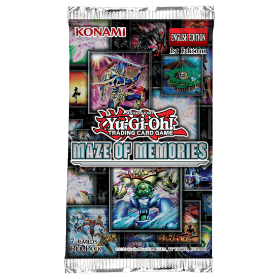 A foil-wrapped trading card pack labeled "Yu-Gi-Oh! Maze of Memories - Booster Pack (1st Edition)" featuring illustrations of iconic cards like Black Luster Soldier. "English Edition, 1st Edition" and "Konami" are displayed at the top. The pack contains 7 cards per pack, as noted at the bottom.