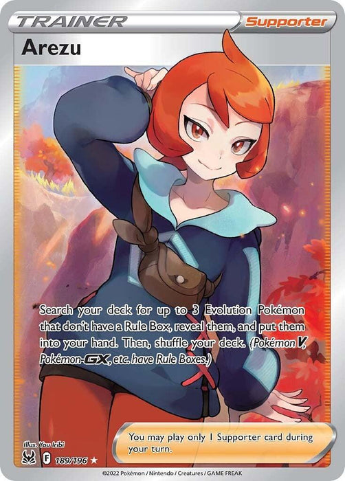 A Pokémon Arezu (189/196) [Sword & Shield: Lost Origin] of a character named Arezu from the Sword & Shield: Lost Origin set. The silver background with a red "Supporter" stripe sets off Arezu, a red-haired female with a confident smile. This Ultra Rare card details her ability to search for certain Pokémon cards.