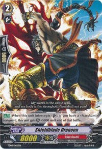 A fantasy trading card featuring "Shieldblade Dragoon (TD06/005EN)" from the Narukami clan, as included in Bushiroad's Trial Deck 6: Resonance of Thunder Dragon. This character is a muscular warrior wielding a large sword with fiery red energy swirling around him. The stats at the bottom indicate a power of 8000 and a shield value of 5000, complemented by symbols detailing card abilities.