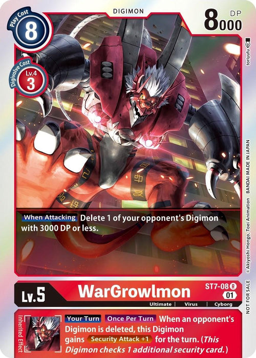 The image is of a "WarGrowlmon [ST7-08] (Gen Con 2022) [Starter Deck: Gallantmon Promos]" trading card from the Digimon. It shows a fierce, mechanized dinosaur-like creature with large, sharp metallic claws. The card's stats include Play Cost: 8, Digivolve Cost: Level 4 for 3, DP: 8000. It has abilities: "When Attacking" and "Inherited Effect:
