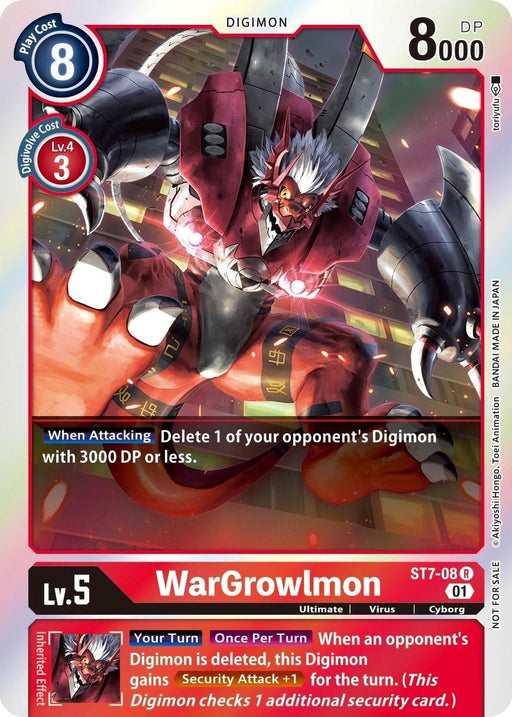 The image is of a "WarGrowlmon [ST7-08] (Gen Con 2022) [Starter Deck: Gallantmon Promos]" trading card from the Digimon. It shows a fierce, mechanized dinosaur-like creature with large, sharp metallic claws. The card's stats include Play Cost: 8, Digivolve Cost: Level 4 for 3, DP: 8000. It has abilities: "When Attacking" and "Inherited Effect:
