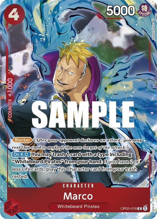 A rare trading card featuring Marco (Alternate Art) [Paramount War] from Bandai with 5000 power. The card design showcases vibrant artwork of Marco with yellow hair, wearing a purple and white outfit with a blue flame wing. The text details his abilities, including a blocking action and special effects when he's knocked out, tied to events from the Paramount War.