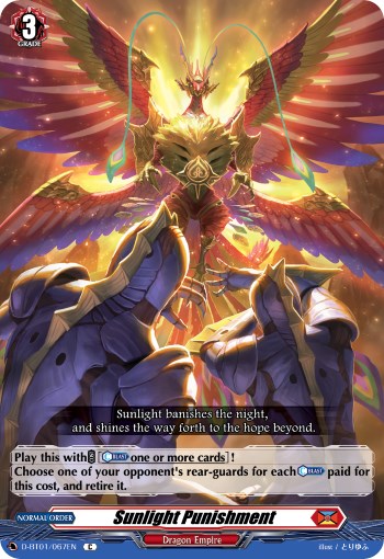 A fantasy-themed card from Bushiroad's "Sunlight Punishment (D-BT01/067EN) [Genesis of the Five Greats]" depicts a radiant, phoenix-like creature with wings spread wide, emanating bright, colorful light. Below it, armored hands hold a sword upright. The card text and name are clearly visible against the background where beams of light pierce through the dark sky of the Dragon Empire.