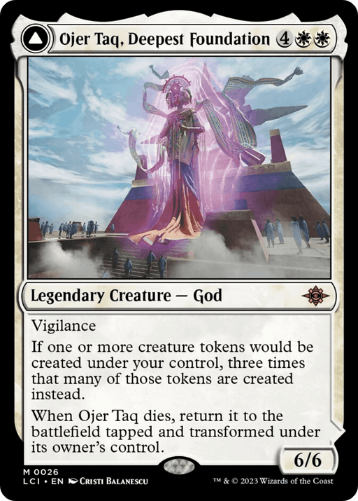A Magic: The Gathering card featuring "Ojer Taq, Deepest Foundation // Temple of Civilization [The Lost Caverns of Ixalan]," a Mythic Legendary Creature God. The card costs 4 generic mana and 2 white mana, with art depicting a large, ethereal figure with multiple arms and vibrant colors. With Vigilance and token-creating abilities, it boasts a power/toughness of 6/6. Artwork by Cristi B