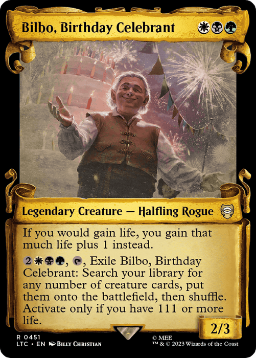 A Magic: The Gathering card titled "Bilbo, Birthday Celebrant [The Lord of the Rings: Tales of Middle-Earth Commander Showcase Scrolls]" from the Magic: The Gathering series. The card depicts an elderly Halfling in festive attire celebrating with fireworks in the background. With a gold legendary border, it details abilities like gaining life and exiling creature cards. Power and toughness are 2/3.