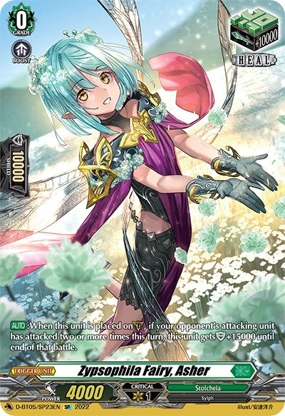 A fantasy-themed trading card from Bushiroad showcases Zypsophila Fairy, Asher (D-BT05/SP23EN) [Triumphant Return of the Brave Heroes]. The character features blue hair and pointed ears, dressed in a purple and black outfit with gold and green armor. With power 4000, critical 1, and a Heal Trigger boost of 10000, the card displays an enchanting background filled with flowers.