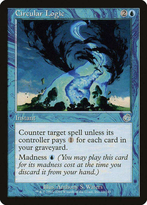 Magic: The Gathering card titled "Circular Logic [Torment]" from the Magic: The Gathering set. It's an instant card with a blue border. The artwork showcases a swirling, tornado-like vortex in a dark sky filled with lightning. Text reads: "Counter target spell unless its controller pays {1} for each card in your graveyard. Madness {U}.