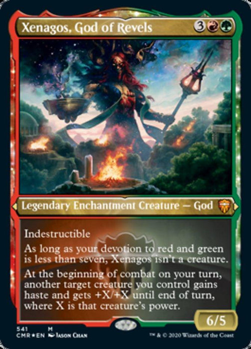 A "Xenagos, God of Revels (Etched) [Commander Legends]" Magic: The Gathering card. It features the legendary enchantment creature Xenagos holding a staff, surrounded by a mythical landscape. The card is of mythic rarity, costs 3R/GG, and has a power/toughness of 6/5. The text details its indestructibility and its ability to enhance another creature.