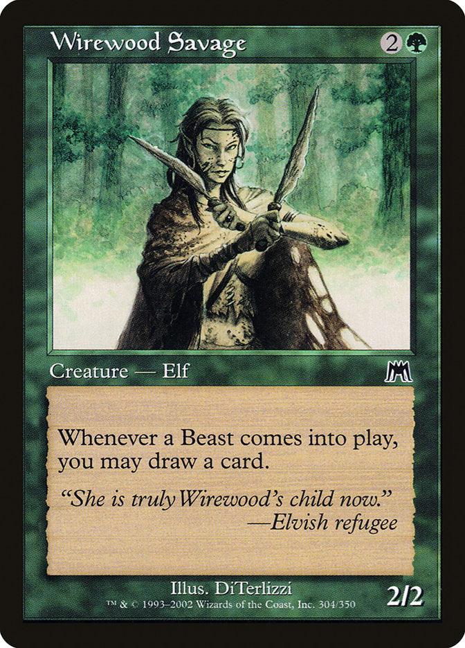 The image showcases the Magic: The Gathering card "Wirewood Savage" from the Onslaught set, featuring beautiful artwork of a Wirewood elf holding two daggers in a vibrant forest. This green card requires a casting cost of 2 colorless and 1 green mana and has abilities that allow drawing cards whenever a Beast enters play. It comes with power and toughness ratings of 2/2.