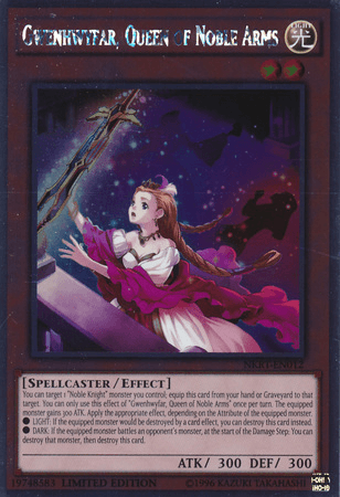 A Yu-Gi-Oh! trading card titled "Gwenhwyfar, Queen of Noble Arms [NKRT-EN012] Platinum Rare" features an illustration of a spellcaster from the Noble Knights of the Round Table. She is wearing a flowing white and red dress, holding a sword. The card has a light attribute symbol in the top right, with the card's description and stats at the bottom.