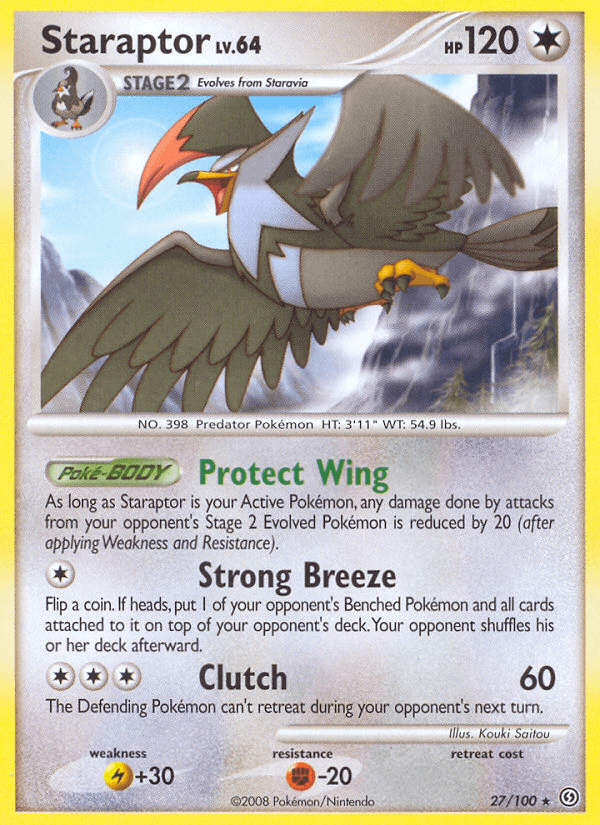 A rare Pokémon trading card for Staraptor (27/100) [Diamond & Pearl: Stormfront] from Pokémon. The card shows a fierce, bird-like Pokémon with a sharp beak and red crest. It has 120 health points. Attacks listed are 