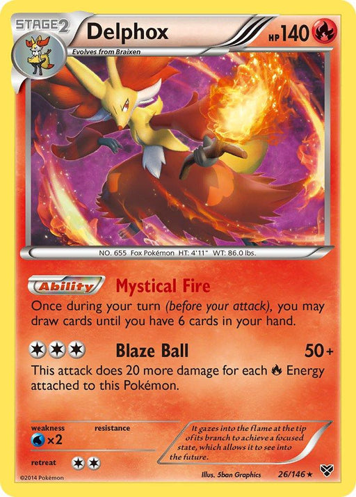 This is an image of a Delphox (26/146) (Cosmos Holo) (Blister Exclusive) [XY: Base Set] Pokémon card. Delphox, surrounded by flames, has 140 HP and is a Fire type evolving from Braixen. This Holo Rare card features Mystical Fire and Blaze Ball abilities, numbered 26/146, and illustrated by 5ban Graphics (2014 Pokémon).
