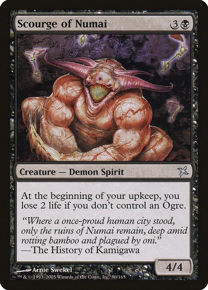 The Magic: The Gathering card "Scourge of Numai" from the Betrayers of Kamigawa collection, illustrated by Arnie Swekel, is an uncommon card that represents a demon spirit. Requiring 3 colorless and 1 black mana to play, it features a 4/4 creature that imposes a penalty of losing 2 life in the absence of an Ogre under your control.