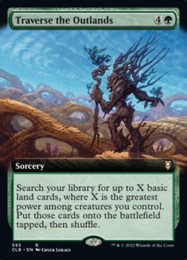 The image shows a "Traverse the Outlands (Extended Art) [Commander Legends: Battle for Baldur's Gate]" Magic: The Gathering card. With a green border, it features artwork of a tree-like creature holding a staff in a rugged landscape. This sorcery lets you search for up to X basic land cards and costs 4 colorless and 1 green mana.