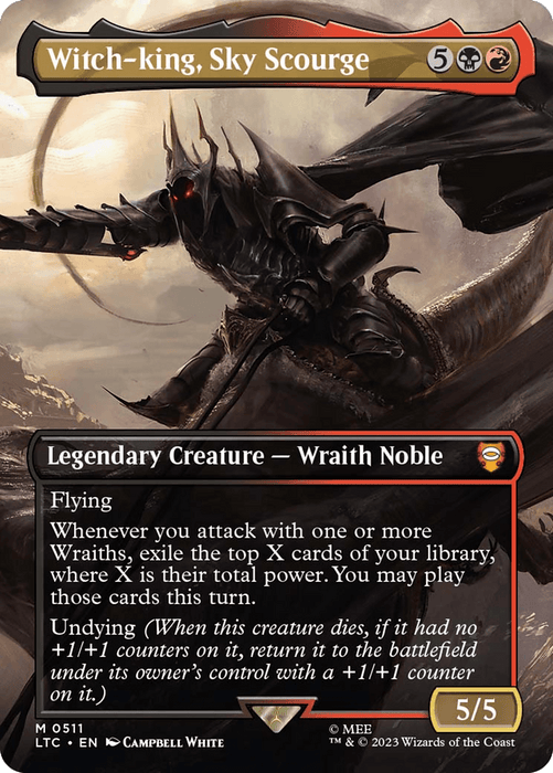 The image shows a Magic: The Gathering card named "Witch-king, Sky Scourge (Borderless) [The Lord of the Rings: Tales of Middle-Earth Commander]" from Magic: The Gathering. It costs 5 generic, 1 black, and 1 red mana. This Legendary Wraith Noble has a 5/5 power and toughness with Flying, a card-exiling ability, and the Undying mechanic detailed in the bottom text.