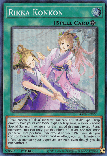 Brand Name "Yu-Gi-Oh!" features a Field Spell Card titled "Rikka Konkon" [POTE-EN066] Super Rare. The card showcases an illustration of two female characters adorned in elaborately designed flowing robes, dancing gracefully amidst a plethora of flowers and petals. The text details the special abilities and usage conditions specifically catered to Plant monsters.