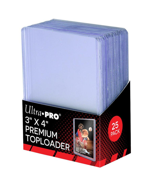 A box containing 25 Ultra PRO: Toploader - 3" x 4" (25ct - Premium) for standard size 3" x 4" cards, offering superior card protection. The packaging is black and red, featuring an illustration of a basketball player with "All-Star" written on the card in the corner. The label reads "3" x 4" Premium Toploader.