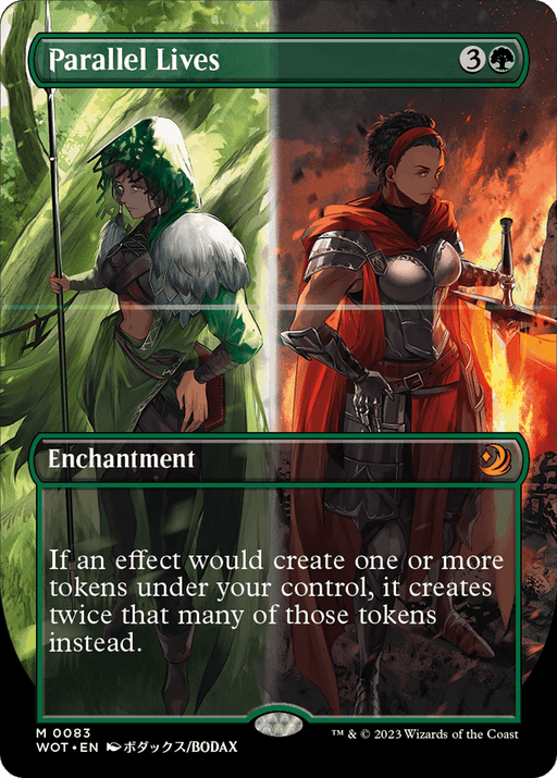 The image shows a Magic: The Gathering card named "Parallel Lives (Anime Borderless) [Wilds of Eldraine: Enchanting Tales]," an enchantment from the Mythic set "Wilds of Eldraine." It depicts two characters divided by a vertical line. On the left, a female druid stands in green light, holding a staff with leaves. On the right, a female warrior in red armor stands with a flaming sword. Text describes the card's enchantment.