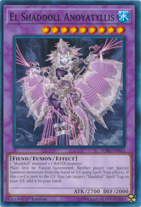 A "Yu-Gi-Oh!" trading card titled "El Shaddoll Anoyatyllis [SDSH-EN043] Common" from the Shaddoll Showdown set. The purple-bordered Fusion Monster boasts 2700 ATK and 2000 DEF. The artwork showcases a humanoid figure with elaborate purple armor, wings, and ethereal extensions. Its effect text is detailed below the image for Special Summon strategies.